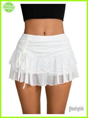 Women's Y2K Lace Mini Skirt High Waist Ruffle Hem Layered Flowy